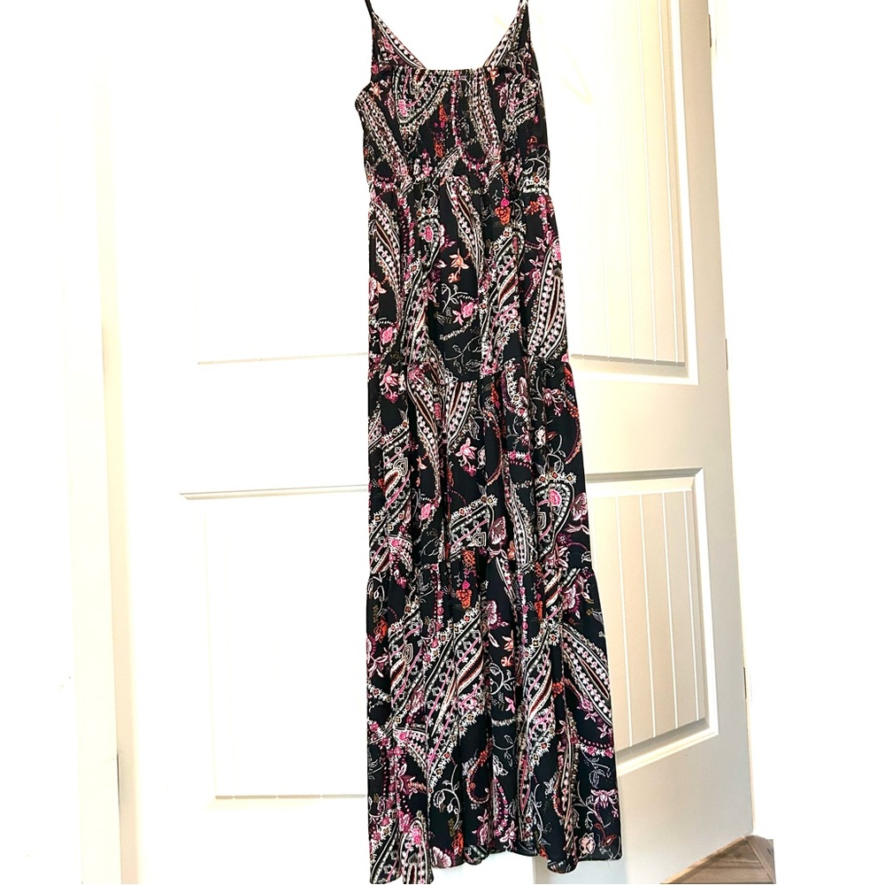 WHBM Tiered Maxi Dress Sleeveless Black Roses & Vines V-Neck Spaghetti Straps S - Picture 9 of 14